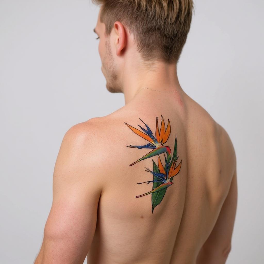 Strelitzia reginae tattoo on shoulder_blade - caucasian