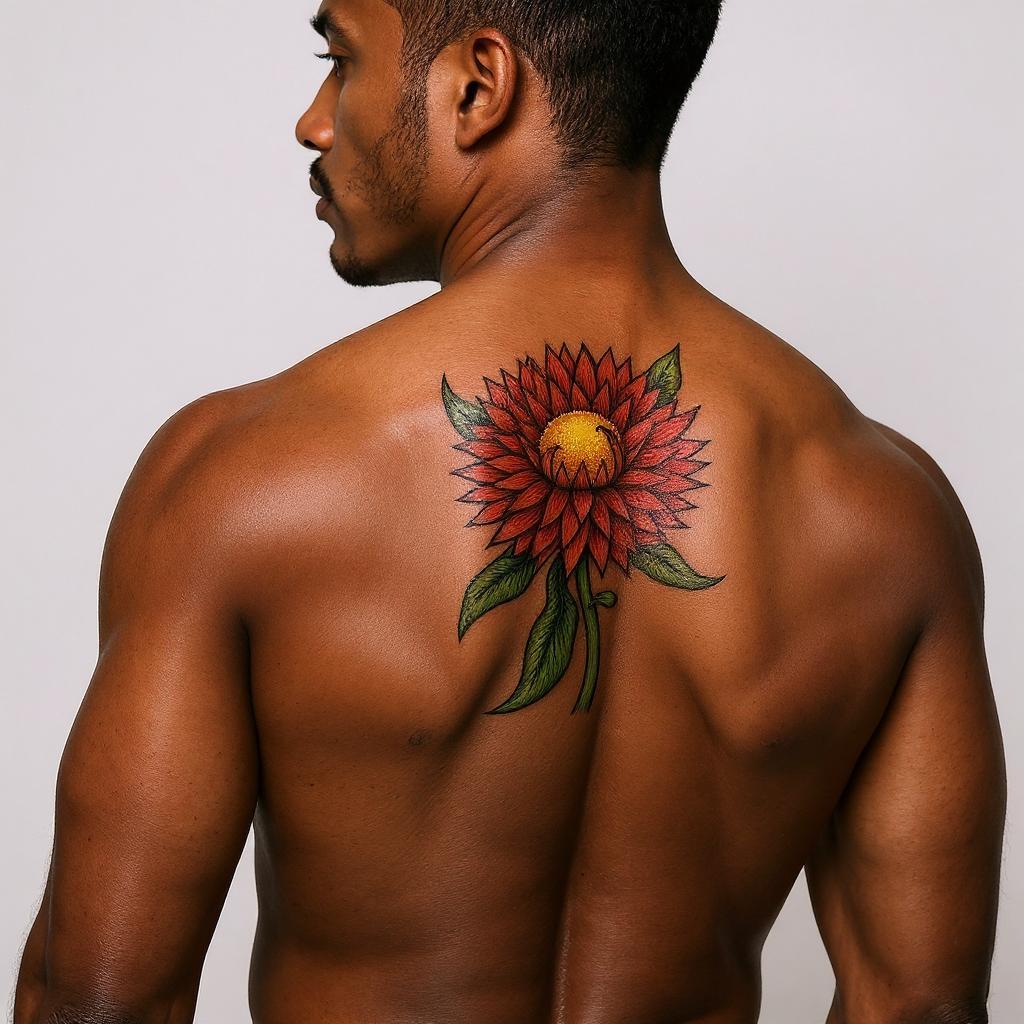 Xerochrysum bracteatum tattoo on shoulder_blade - black