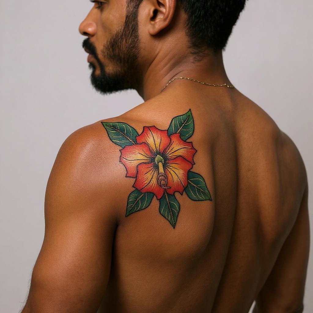 Adenium obesum tattoo on shoulder_blade - black