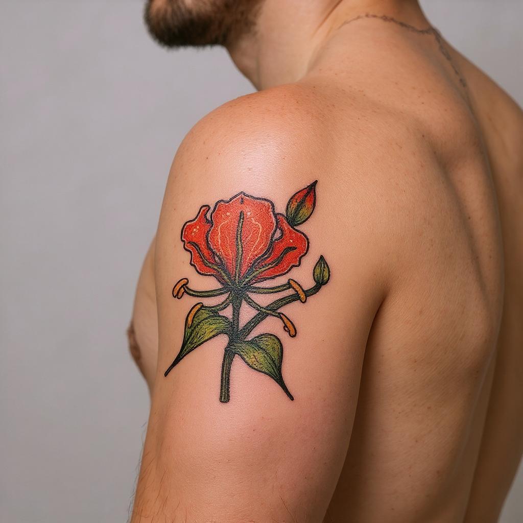 Gloriosa superba tattoo on shoulder_blade - black
