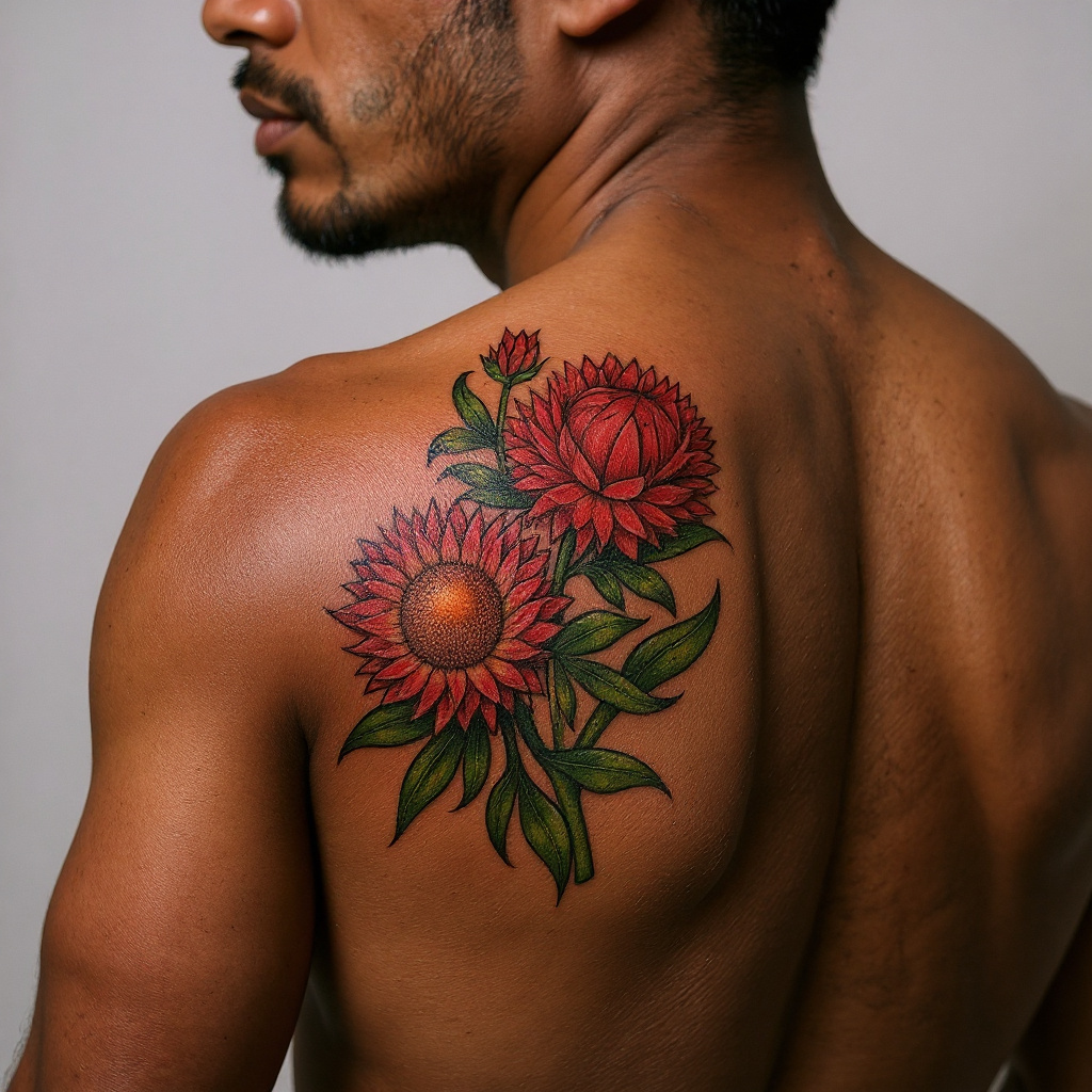 Xerochrysum bracteatum tattoo on shoulder_blade - black