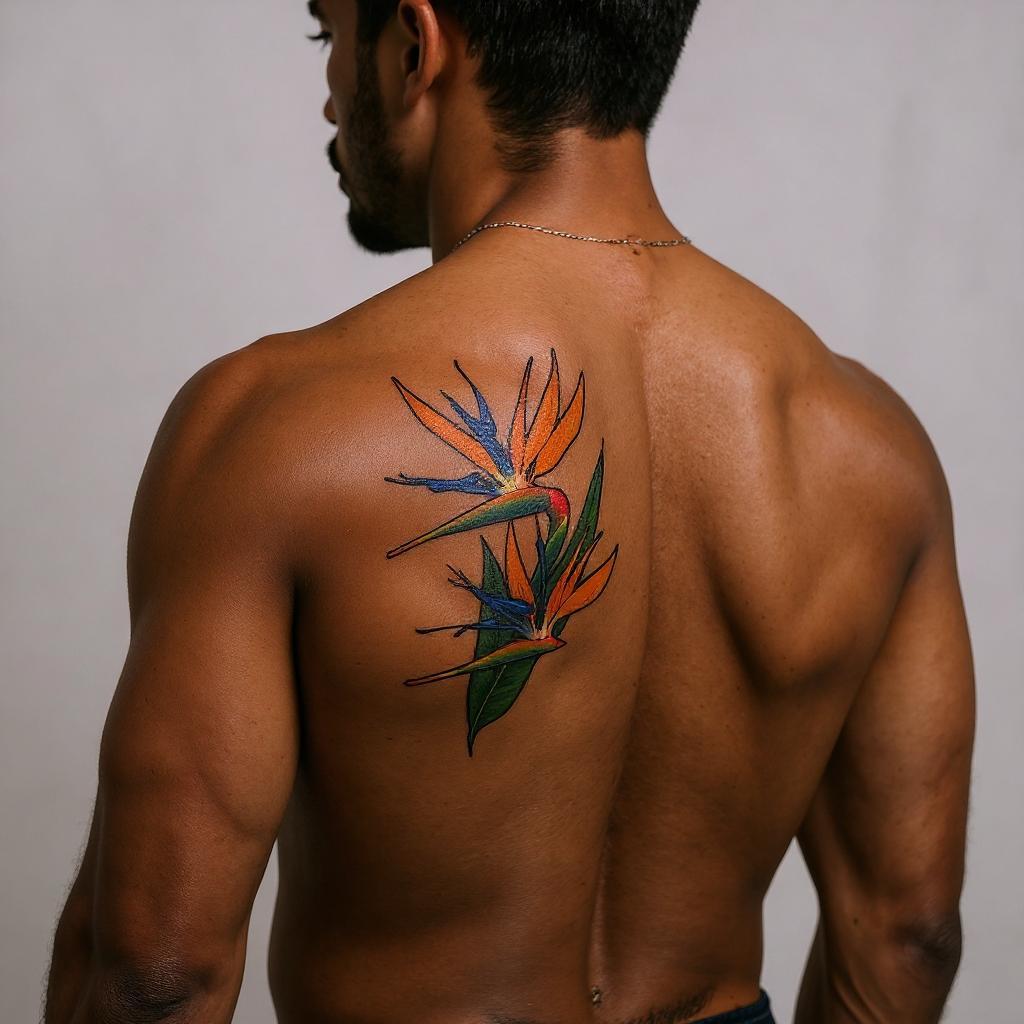 Strelitzia reginae tattoo on shoulder_blade - black