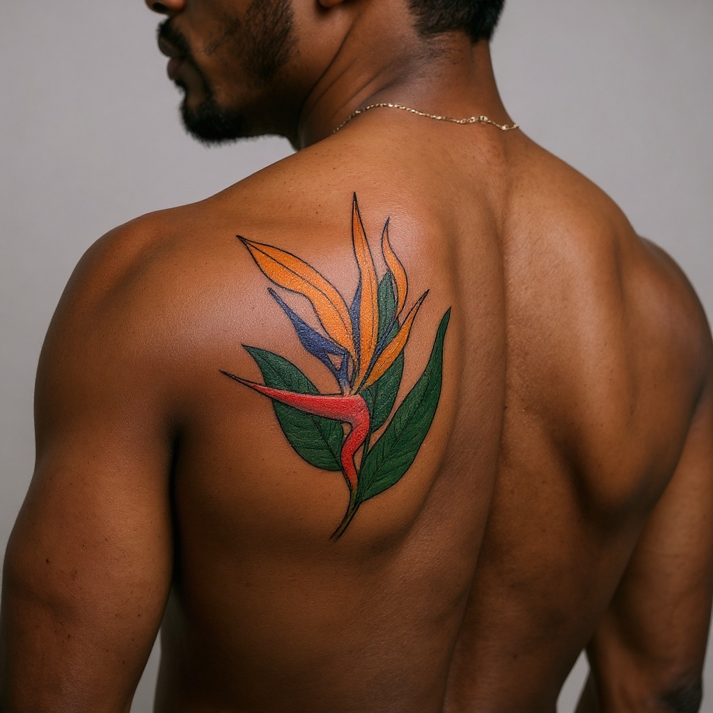 Strelitzia reginae tattoo on shoulder_blade - black