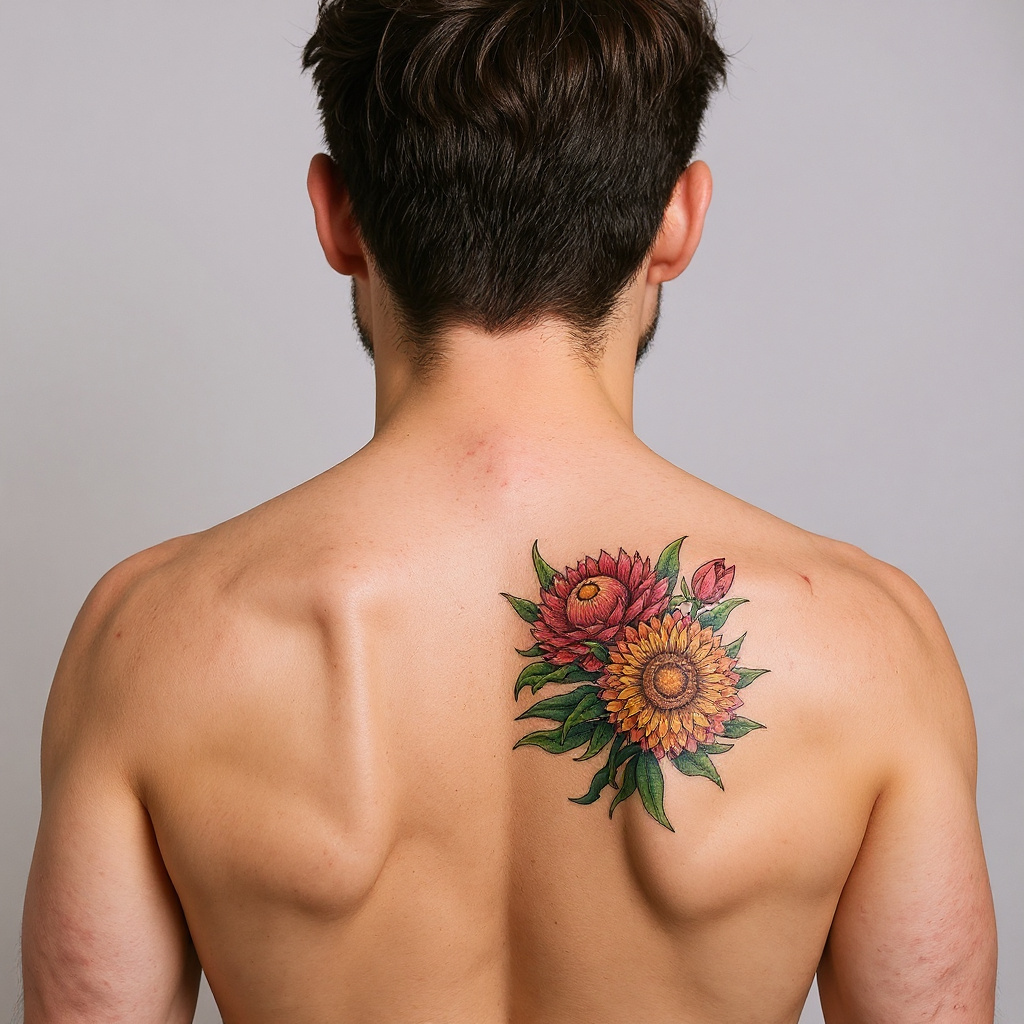 Xerochrysum bracteatum tattoo on shoulder_blade - caucasian