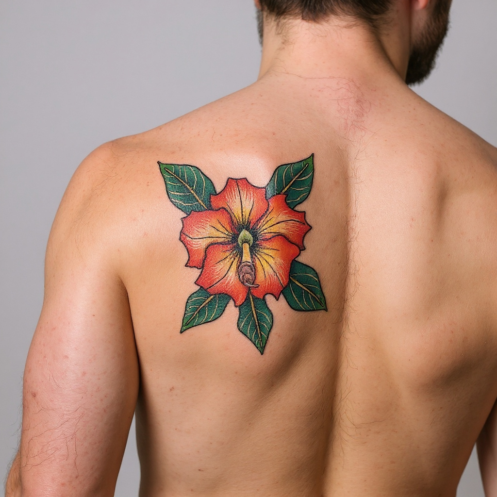 Adenium obesum tattoo on shoulder_blade - caucasian
