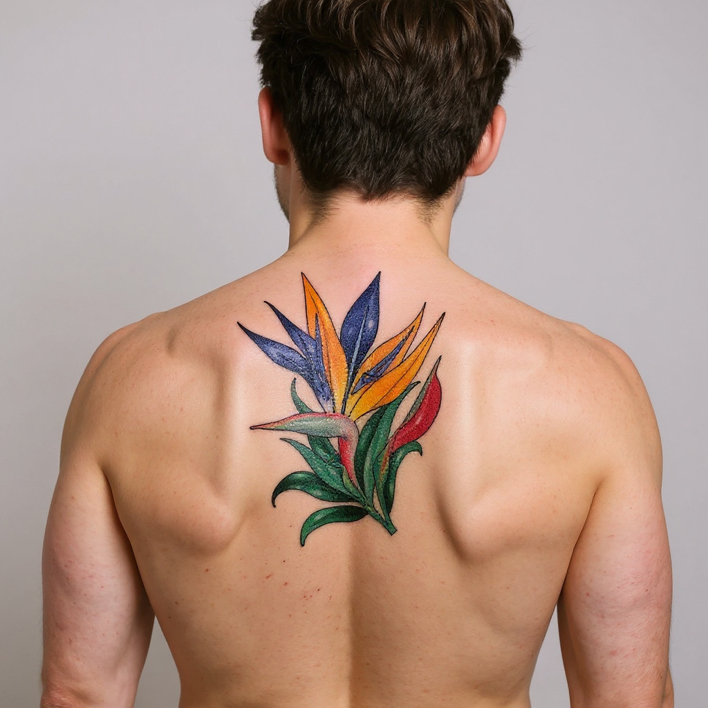 Strelitzia reginae tattoo on shoulder_blade - caucasian