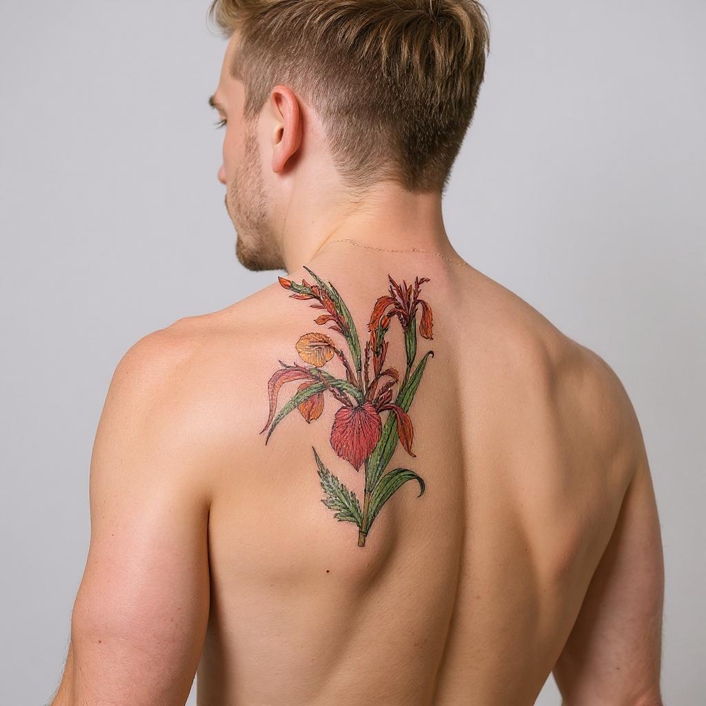 Iris pseudacorus tattoo on shoulder_blade - caucasian