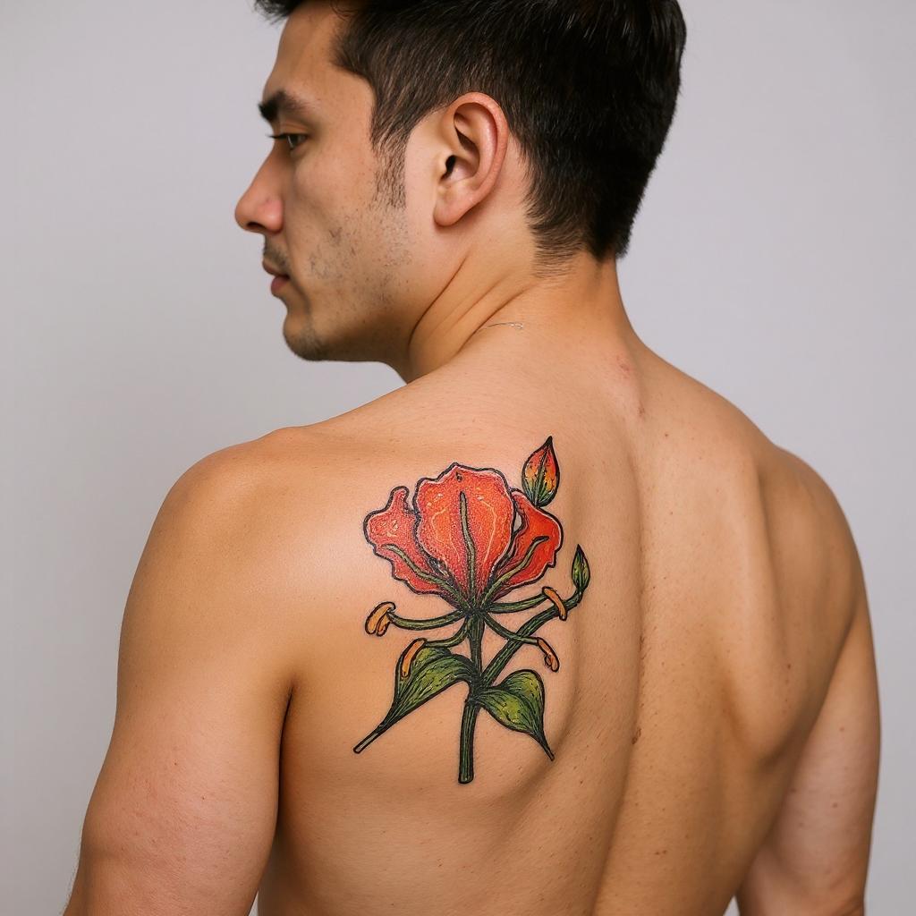 Gloriosa superba tattoo on shoulder_blade - asian