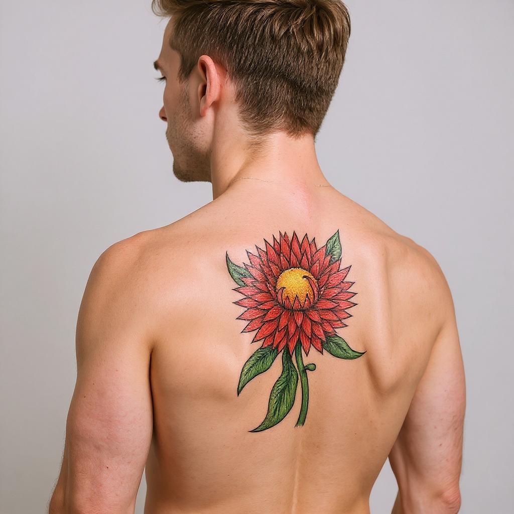 Xerochrysum bracteatum tattoo on shoulder_blade - caucasian