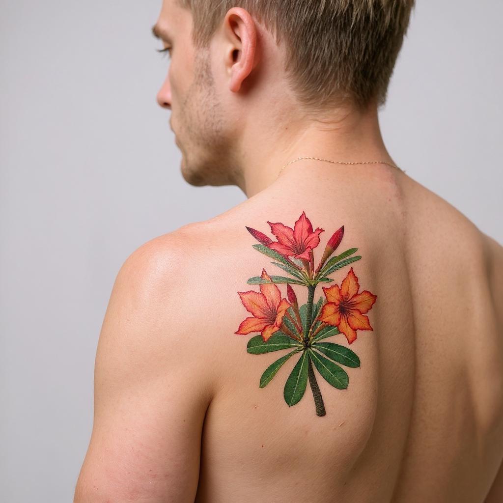 Adenium obesum tattoo on shoulder_blade - caucasian