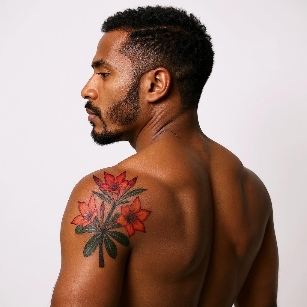 Adenium obesum tattoo on shoulder_blade - black