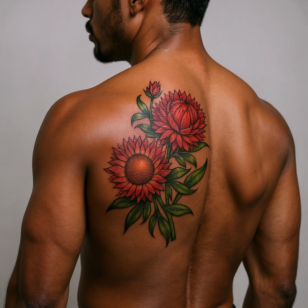 Xerochrysum bracteatum tattoo on shoulder_blade - black
