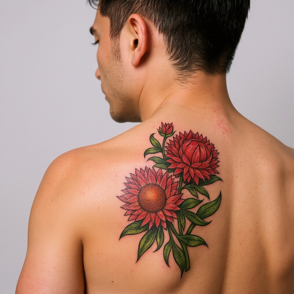 Xerochrysum bracteatum tattoo on shoulder_blade - asian