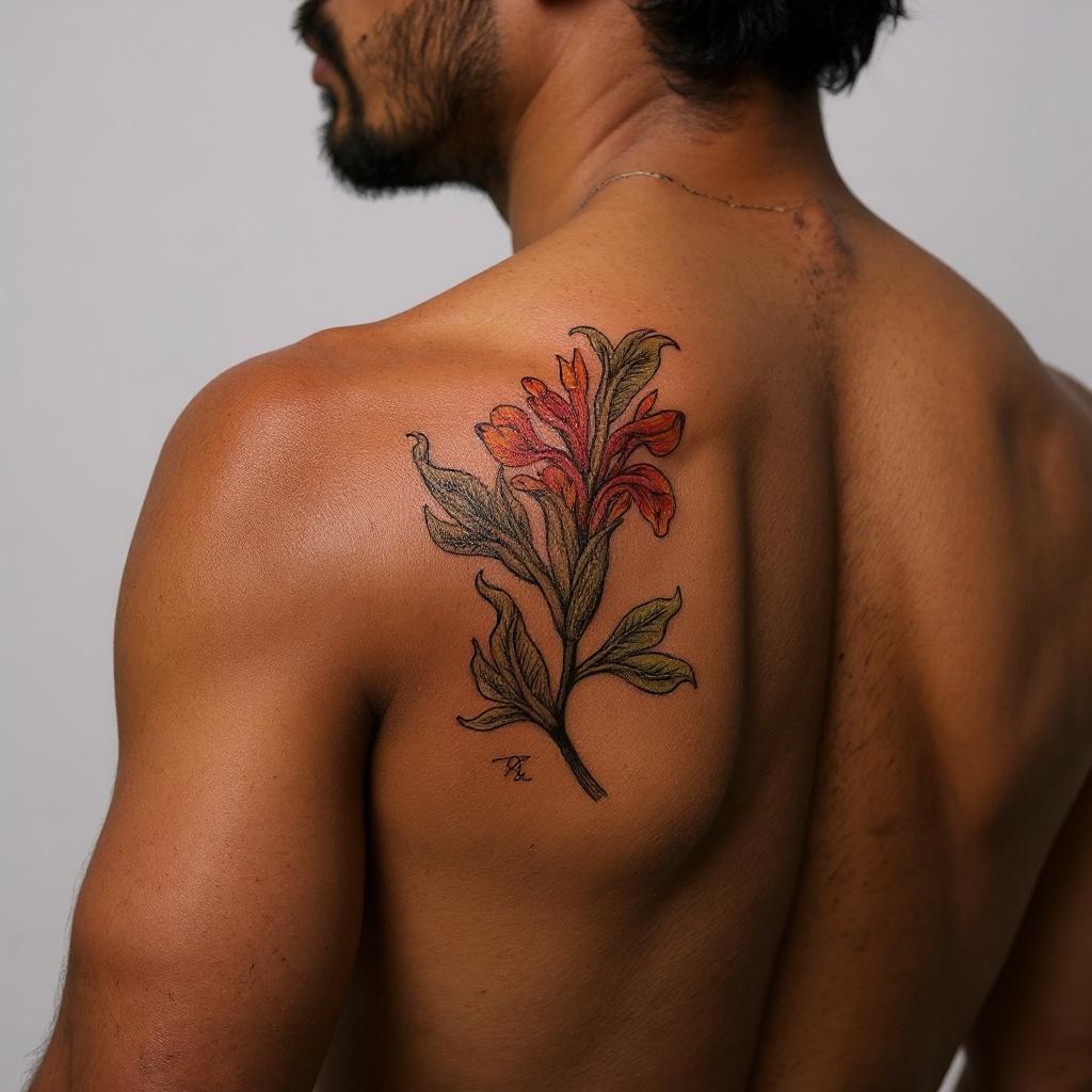 Iris pseudacorus tattoo on shoulder_blade - black