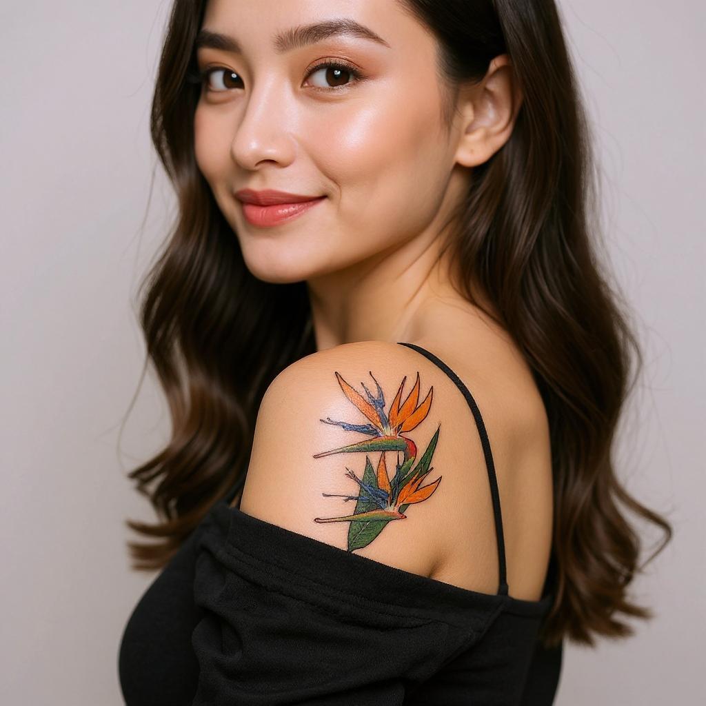 Strelitzia reginae tattoo on shoulder_blade - asian