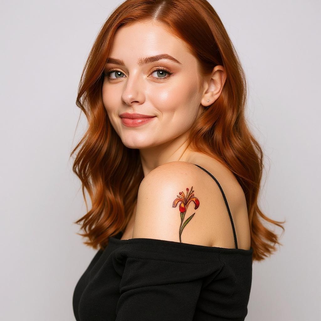 Iris pseudacorus tattoo on shoulder_blade - caucasian