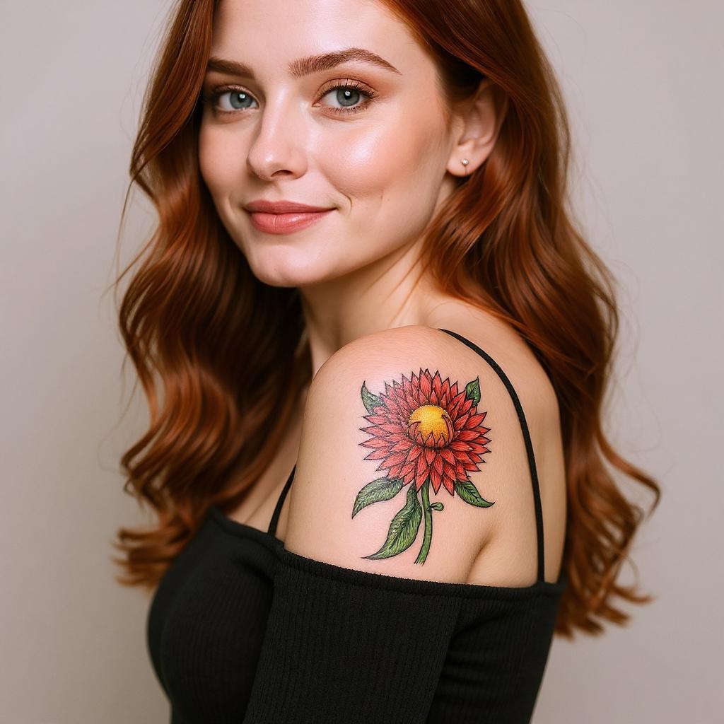 Xerochrysum bracteatum tattoo on shoulder_blade - caucasian