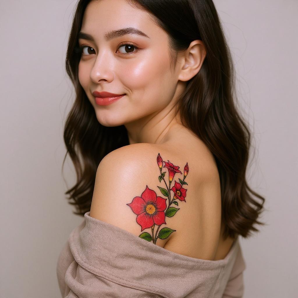 Mandevilla sanderi tattoo on shoulder_blade - asian