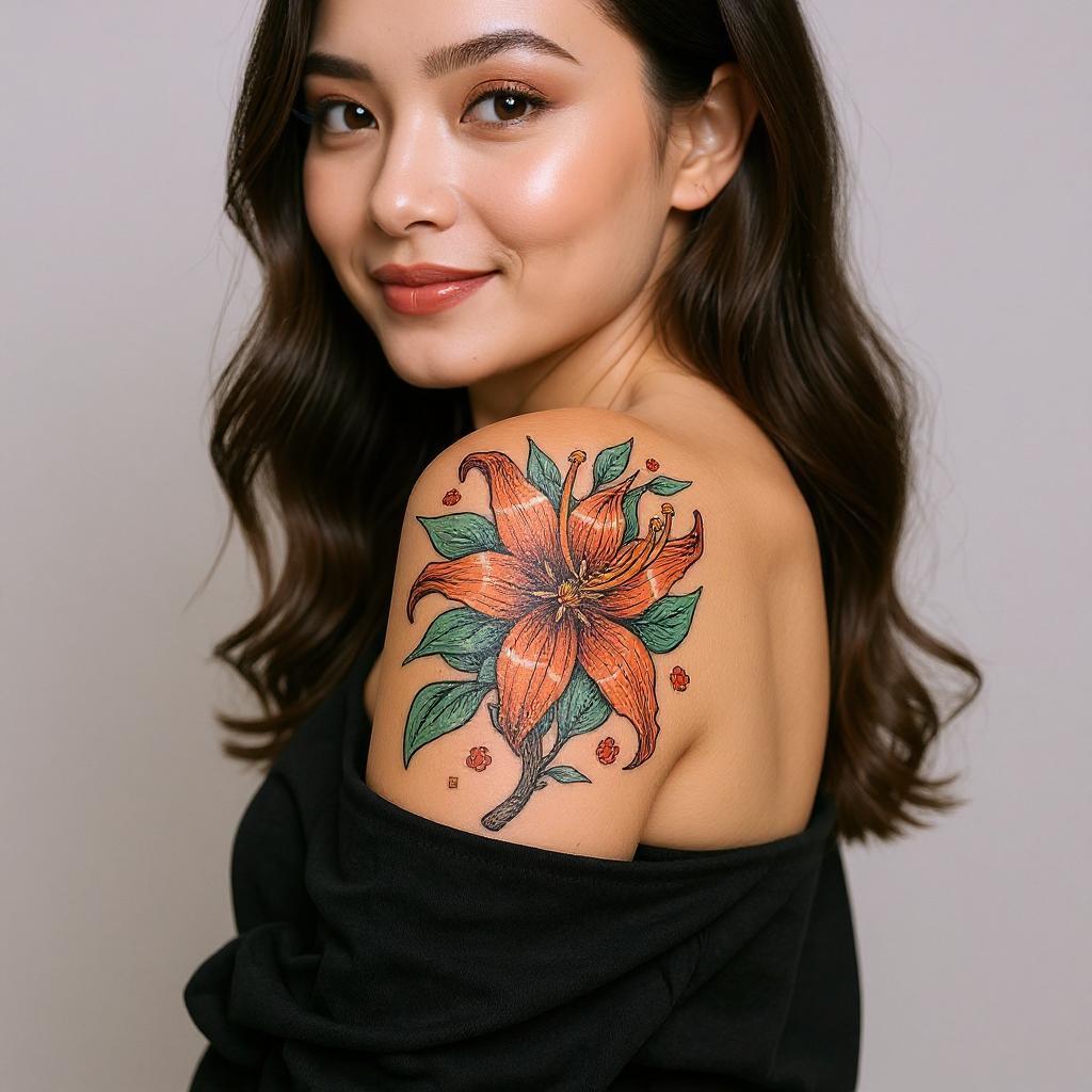 Lilium lancifolium tattoo on shoulder_blade - asian