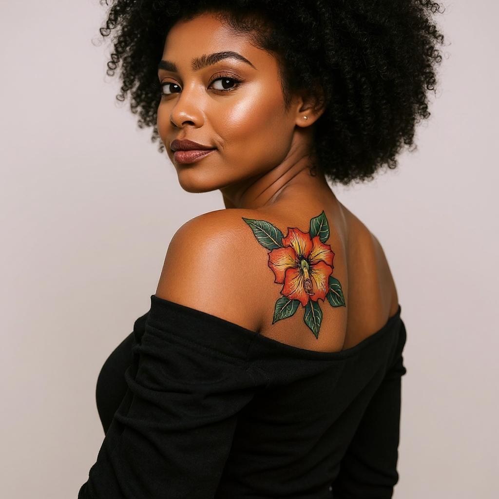 Adenium obesum tattoo on shoulder_blade - black