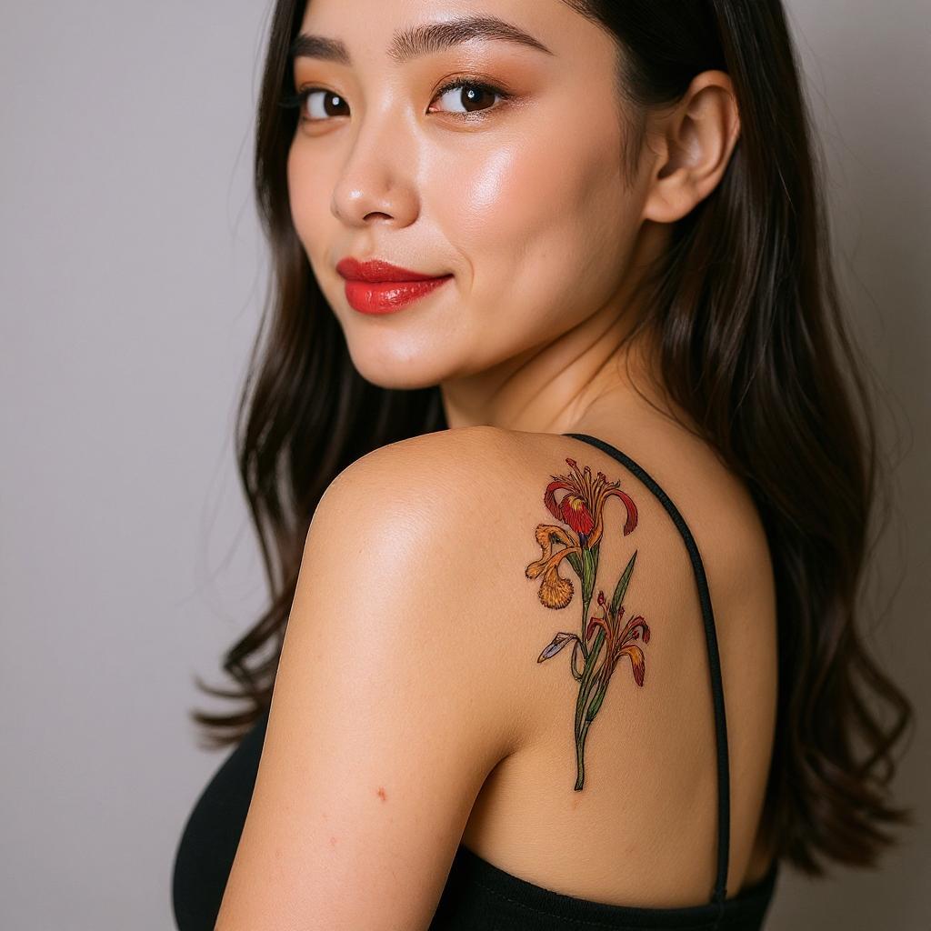 Iris pseudacorus tattoo on shoulder_blade - asian