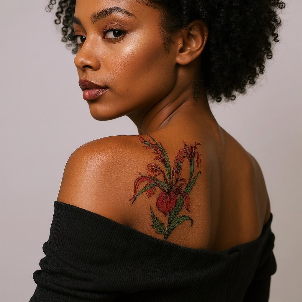 Iris pseudacorus tattoo on shoulder_blade - black