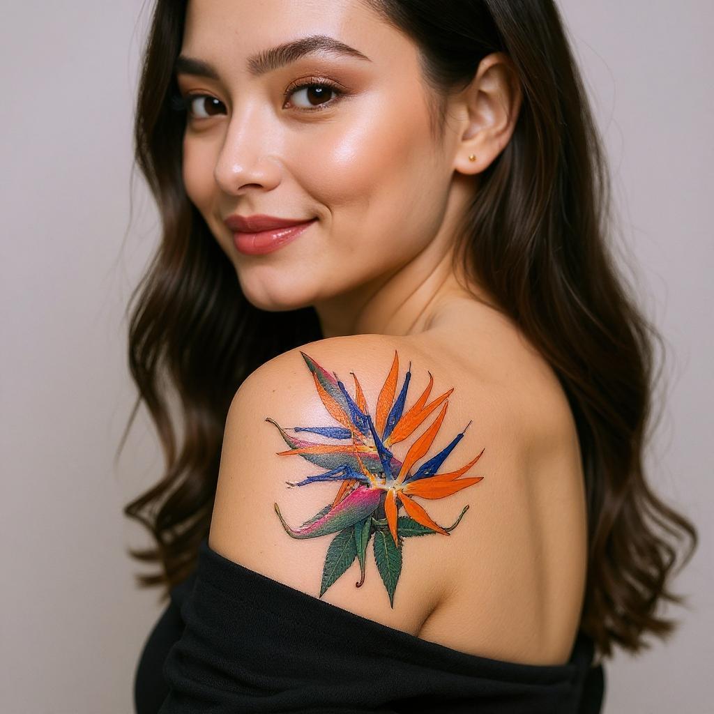 Strelitzia reginae tattoo on shoulder_blade - asian