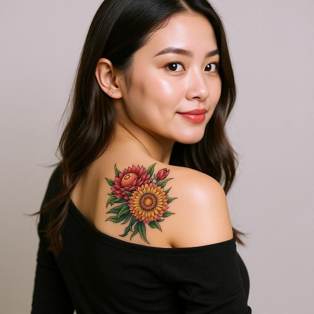Xerochrysum bracteatum tattoo on shoulder_blade - asian