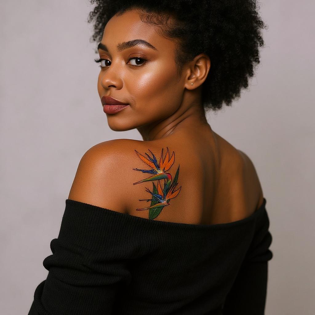 Strelitzia reginae tattoo on shoulder_blade - black
