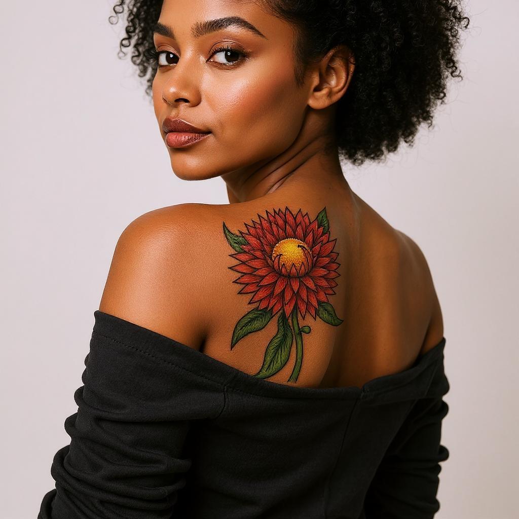 Xerochrysum bracteatum tattoo on shoulder_blade - black