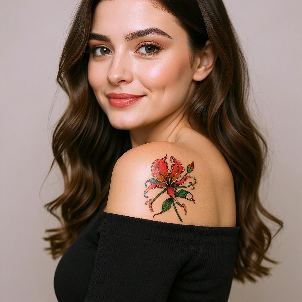 Gloriosa superba tattoo on shoulder_blade - caucasian