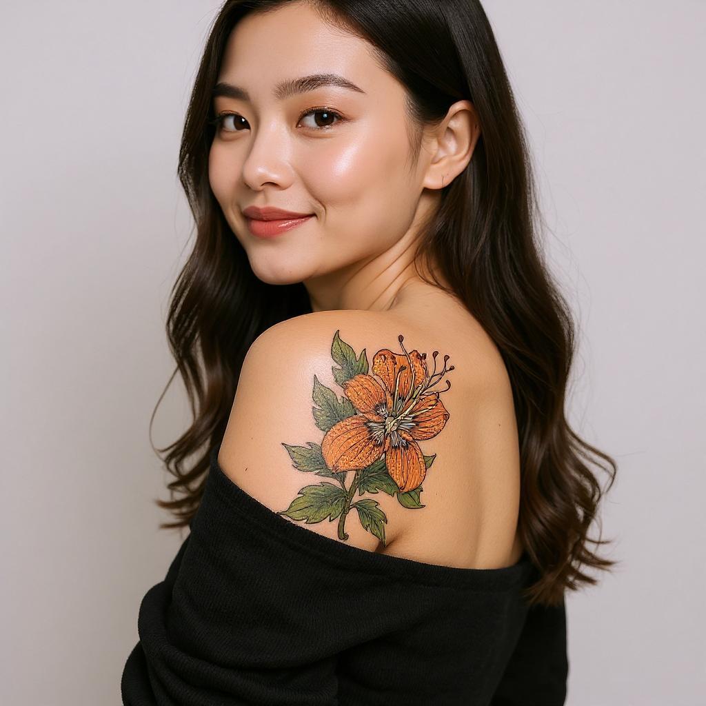 Lilium lancifolium tattoo on shoulder_blade - asian