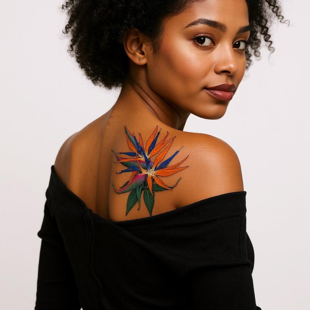 Strelitzia reginae tattoo on shoulder_blade - black