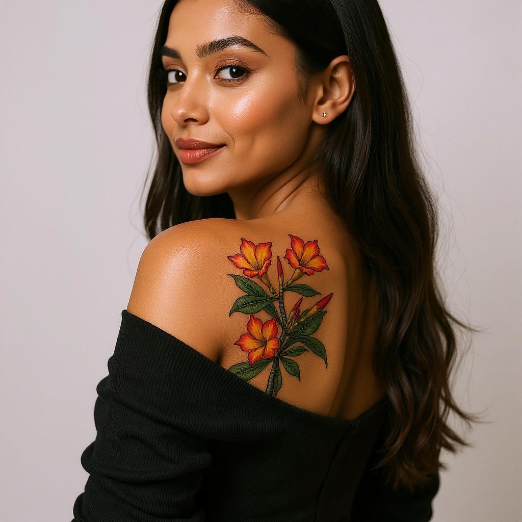 Adenium obesum tattoo on shoulder_blade - black