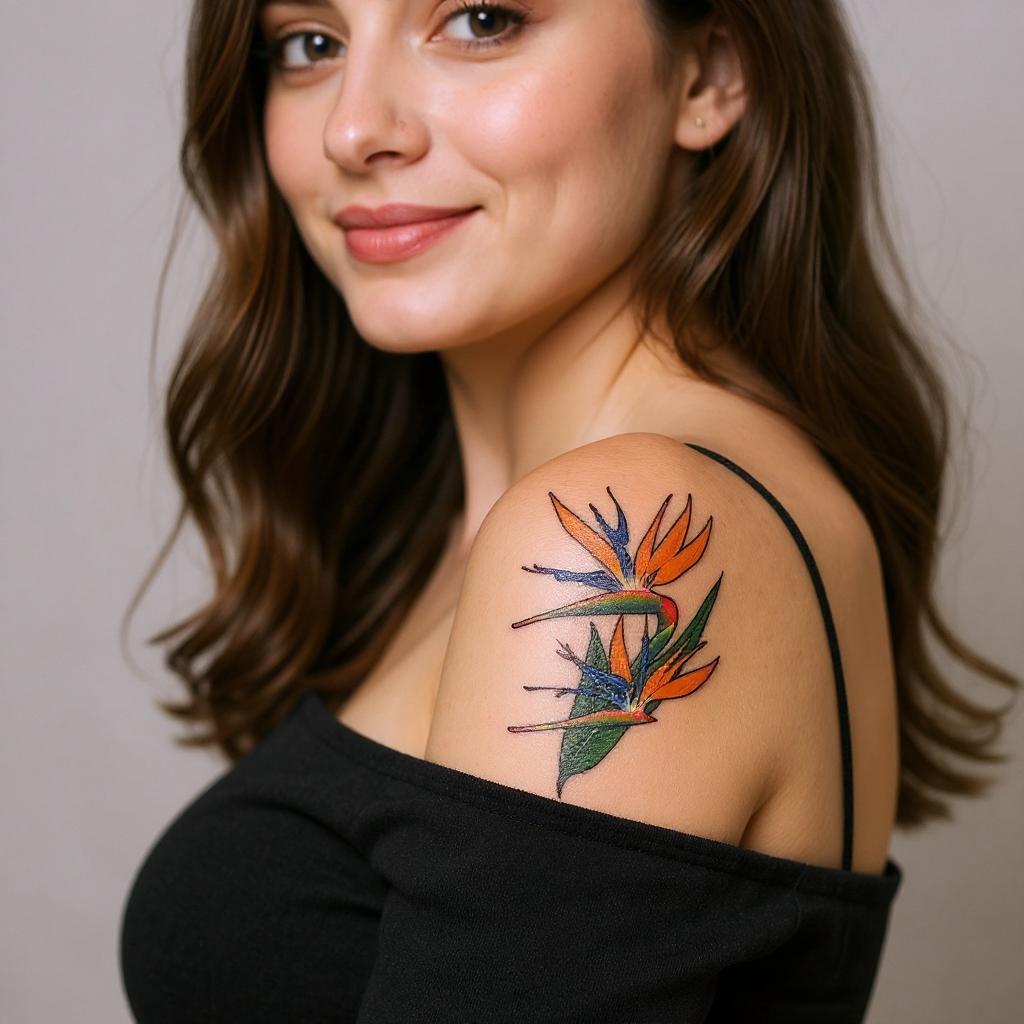 Strelitzia reginae tattoo on shoulder_blade - caucasian