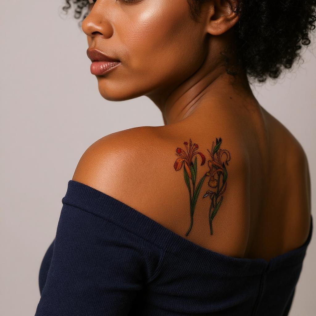 Iris pseudacorus tattoo on shoulder_blade - black
