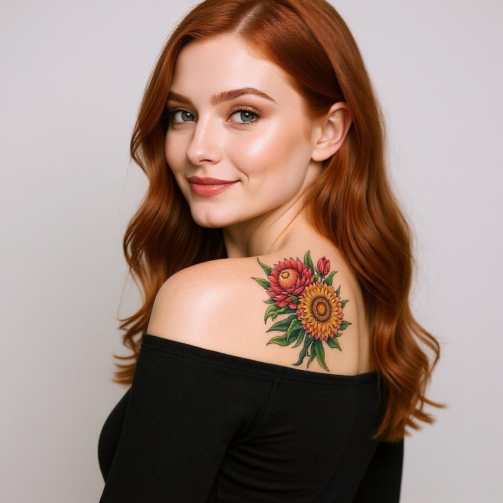 Xerochrysum bracteatum tattoo on shoulder_blade - caucasian
