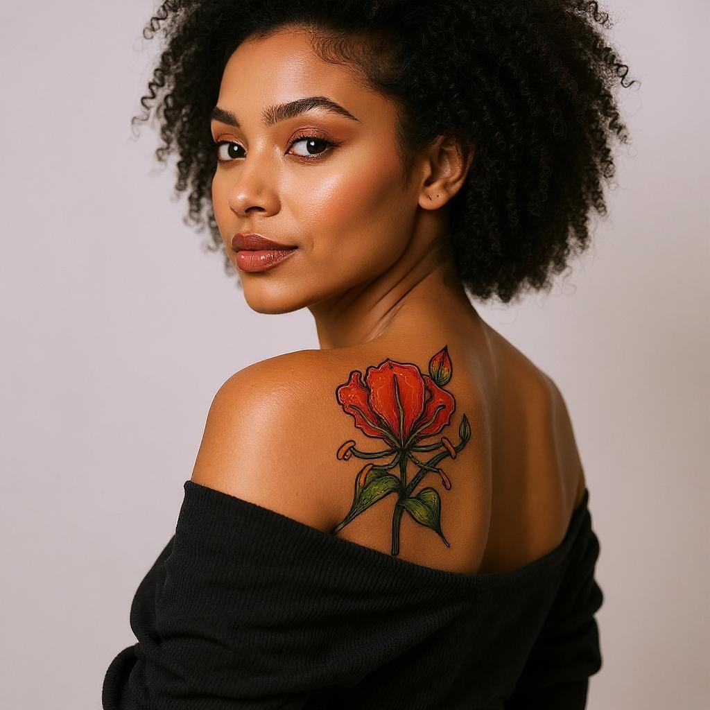 Gloriosa superba tattoo on shoulder_blade - black