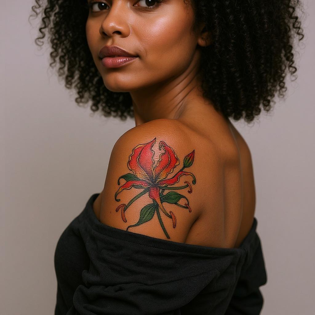 Gloriosa superba tattoo on shoulder_blade - black