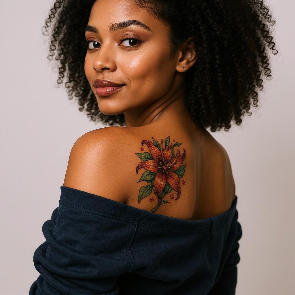Lilium lancifolium tattoo on shoulder_blade - black