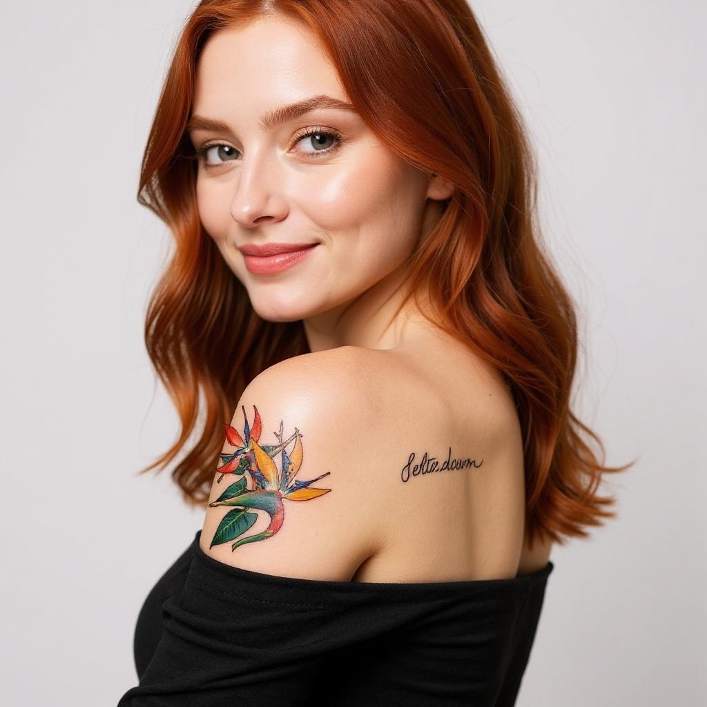 Strelitzia reginae tattoo on shoulder_blade - caucasian
