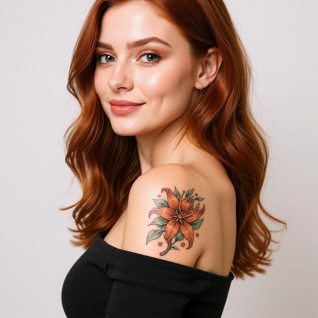 Lilium lancifolium tattoo on shoulder_blade - caucasian