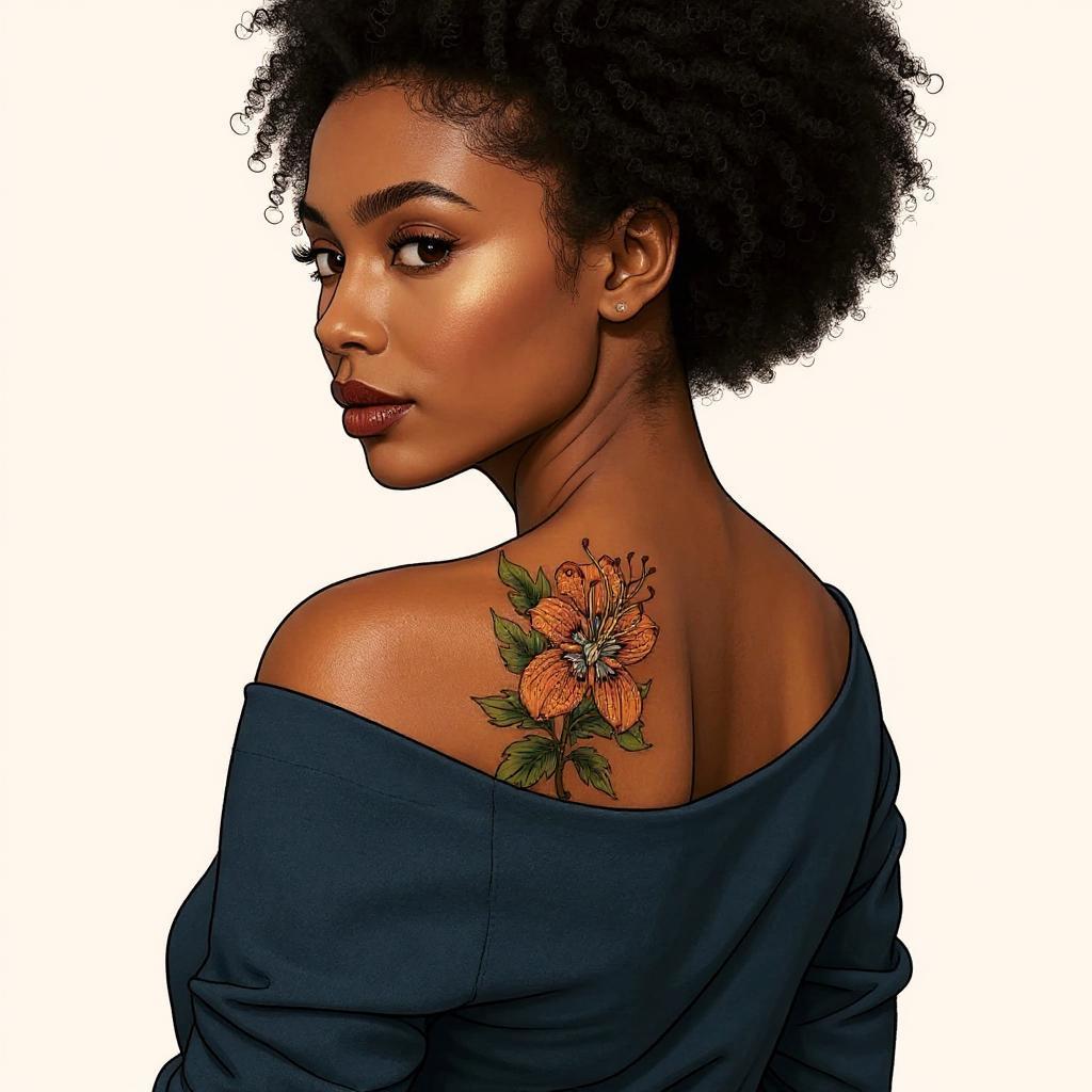 Lilium lancifolium tattoo on shoulder_blade - black