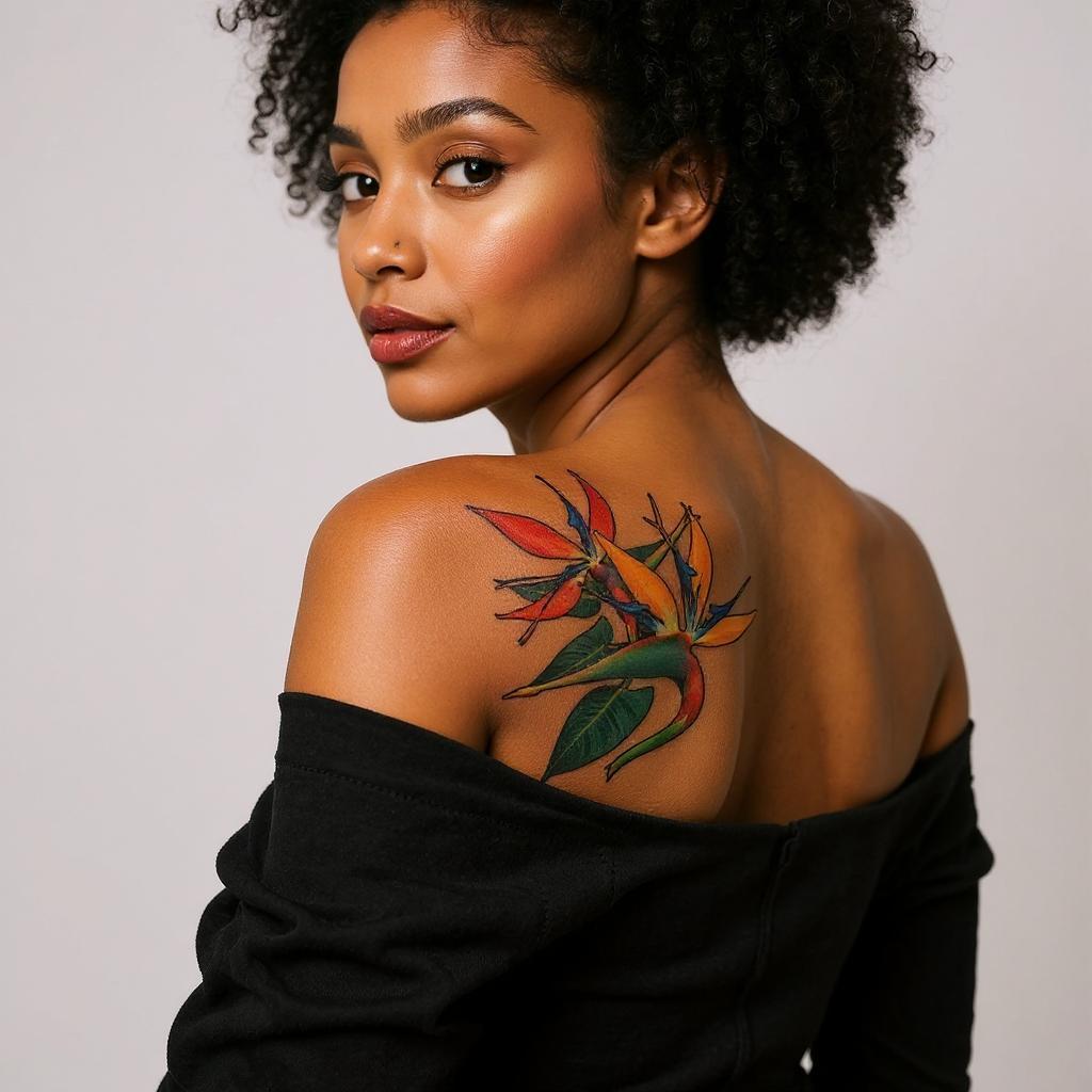 Strelitzia reginae tattoo on shoulder_blade - black