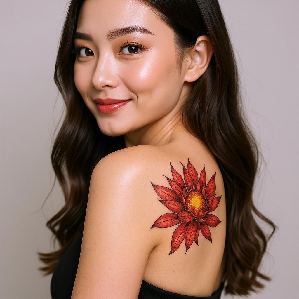 Xerochrysum bracteatum tattoo on shoulder_blade - asian