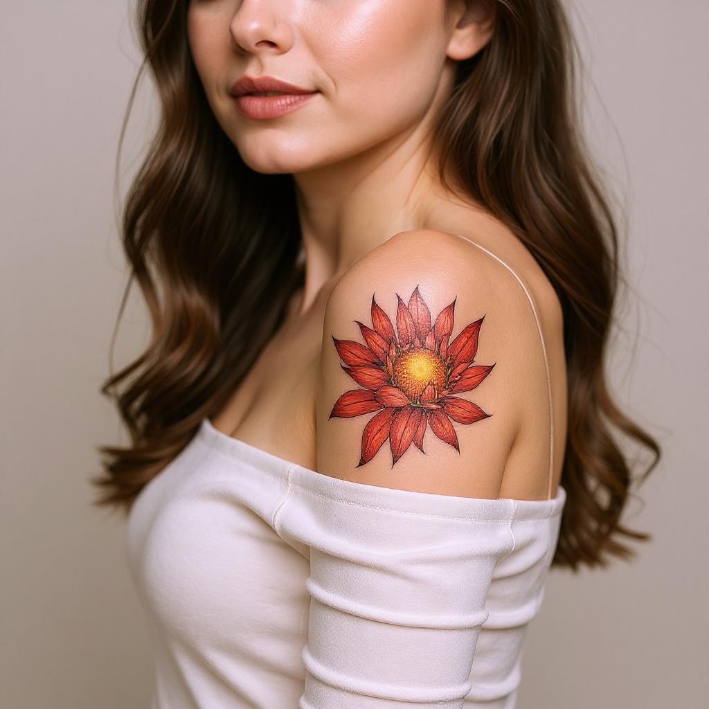 Xerochrysum bracteatum tattoo on shoulder_blade - caucasian