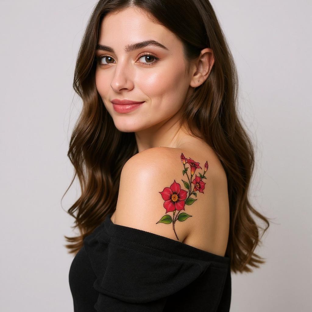 Mandevilla sanderi tattoo on shoulder_blade - caucasian