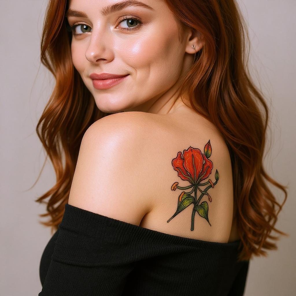 Gloriosa superba tattoo on shoulder_blade - caucasian