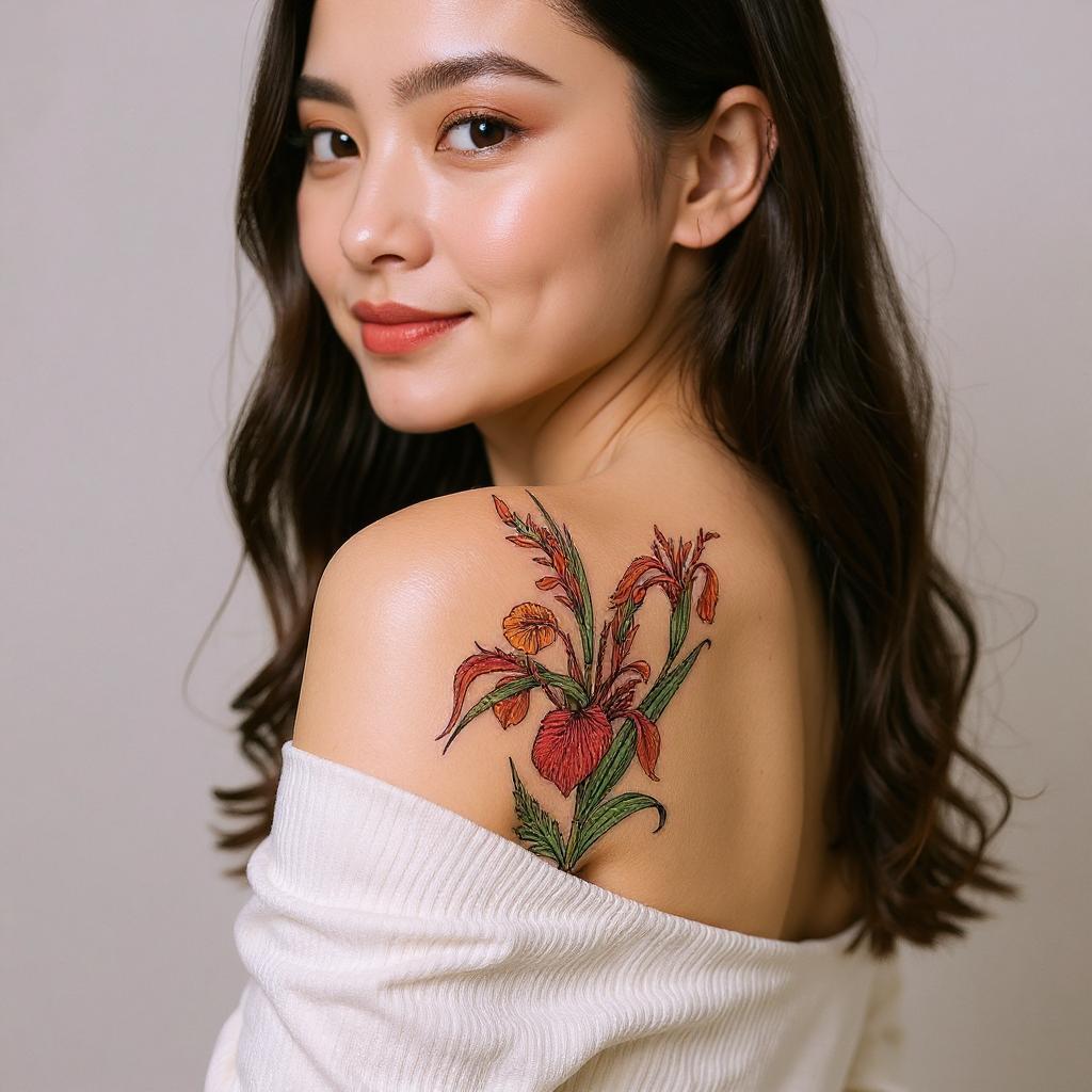 Iris pseudacorus tattoo on shoulder_blade - asian
