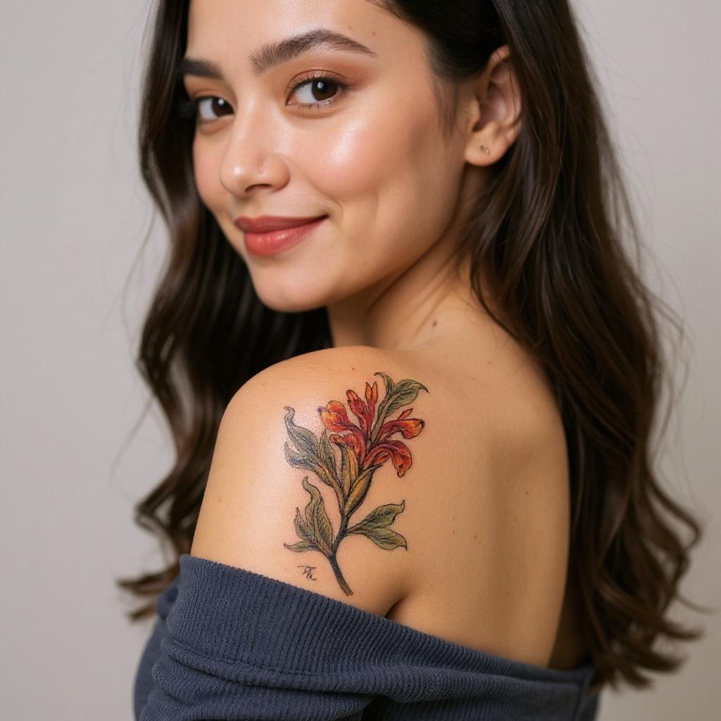 Iris pseudacorus tattoo on shoulder_blade - asian